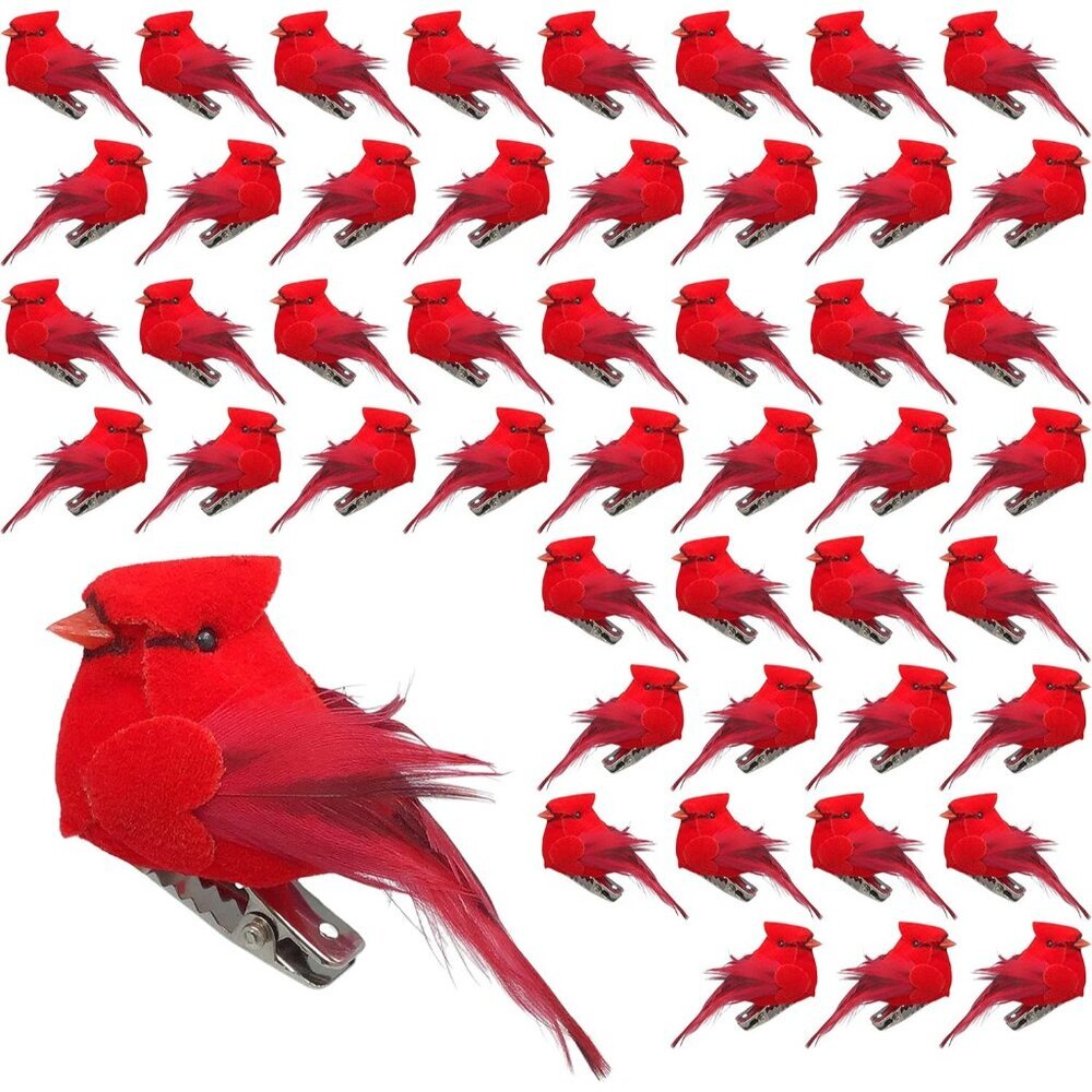 Rustic 48-Count Cardinal Clip-On Ornaments - 2" Red Velvet Birds for Wreaths